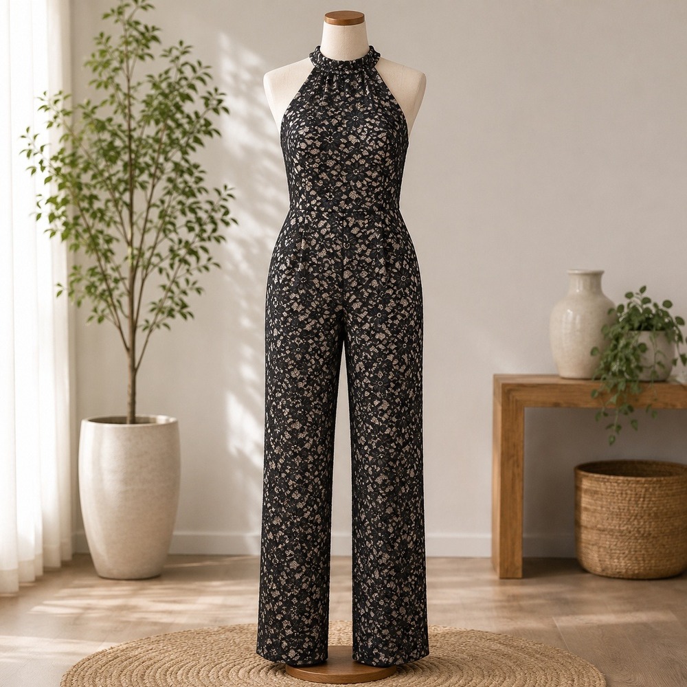 NWT Cupshe Jumpsuit Womens Medium Black Lace Halter Neck Straight Leg Elegant